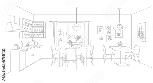 A modern dining room and kitchen interior design in a house