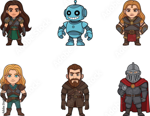 Cartoon fantasy characters, medieval warriors, knights, robot, heroic figures in armor and cloaks, adventure game style, isolated vector illustration