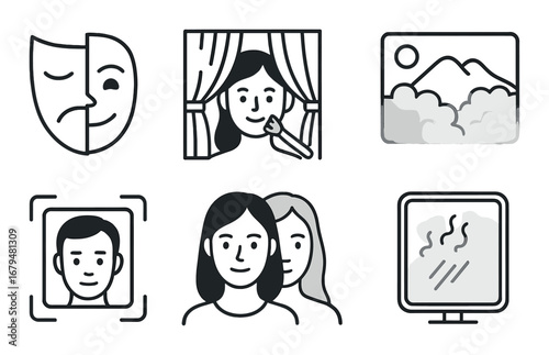Various arts and creativity icons: masks, brushes, portraits, and landscapes