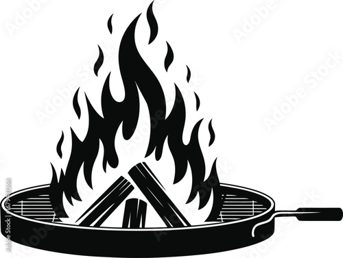 Rustic illustration of a campfire burning in a cast iron skillet