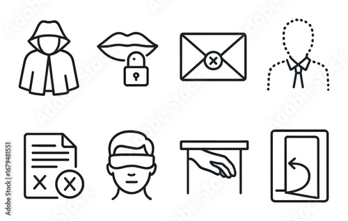Privacy icons set depicting security and confidentiality concepts on a dark background