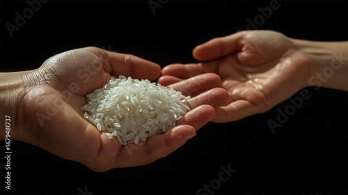 Rice in Hand on Black Background – Symbol of Harvest, Giving, and Food Security