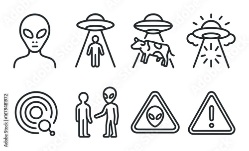 Monochrome alien and ufo icons featuring human encounters and cattle abduction