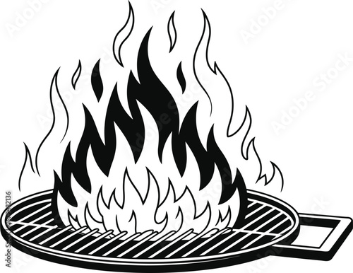Black and white sketch of a barbecue grill with large flames erupting