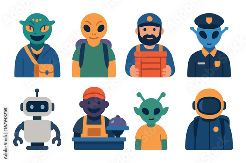 Cartoon aliens and robots with humans in uniforms