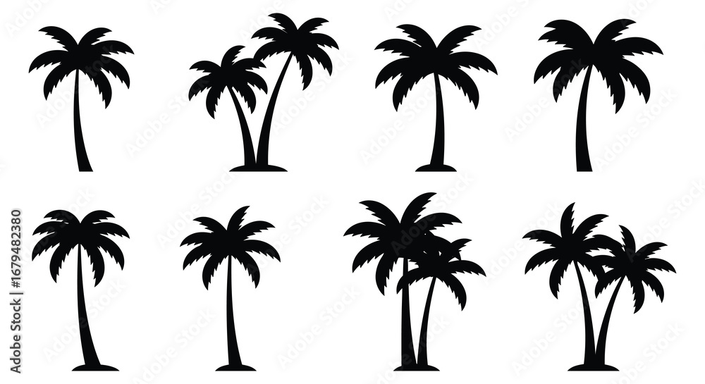 Obraz premium A collection of black palm tree silhouettes on a white background