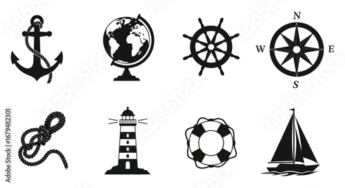 Nautical and travel icons including anchor globe and ship wheel