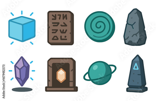 Fantasy icons: magic cube, scroll, spiral, stone, crystal, door, planet, obelisk