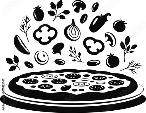 Hand drawn pizza with flying ingredients and vegetables