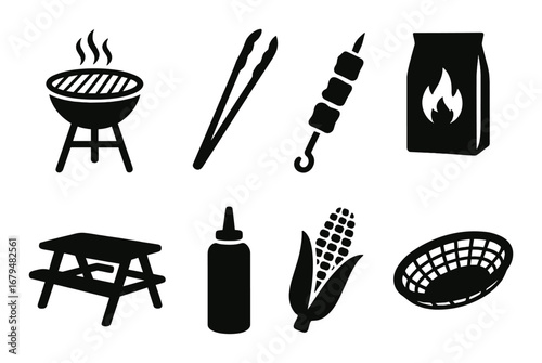 Silhouette icons of barbecue grill accessories and food items