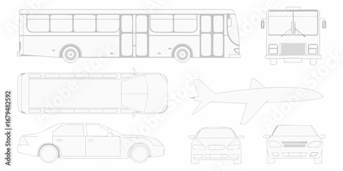 Collection of simple line art drawings of a bus airplane and cars shown from different views