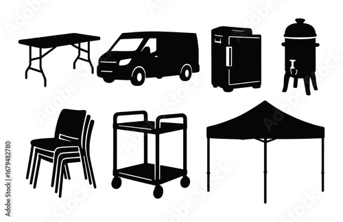 Silhouettes of catering equipment and transport: table, van, oven, chairs, cart, canopy