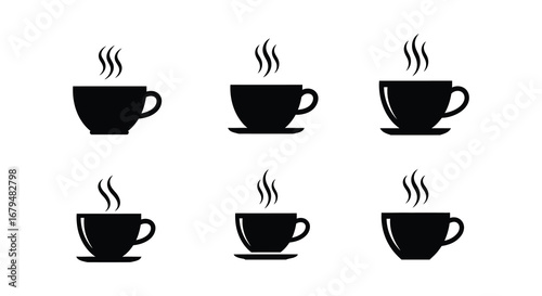 Six black coffee cups with steam rising on a white background