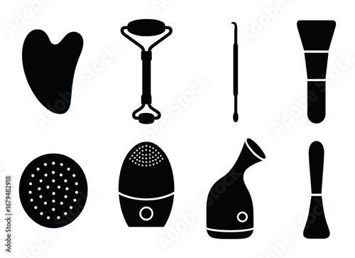 Silhouette of beauty tools set on dark background