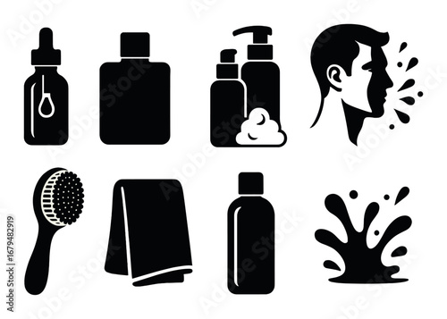 Men's skincare essentials: bottles, brushes, male profile, soap, towel, water splash icons