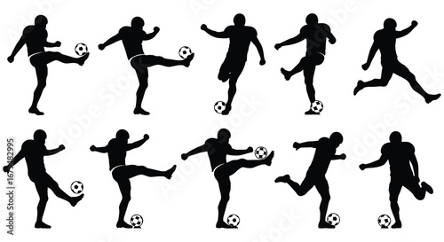 Silhouettes of soccer players in various kicking and running poses on white background