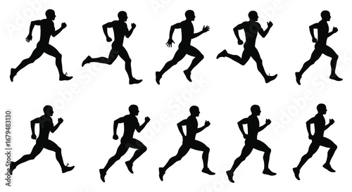 Running silhouettes of people in various motion poses