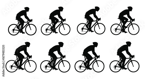 Silhouette of cyclist riding bicycle in various motion stages