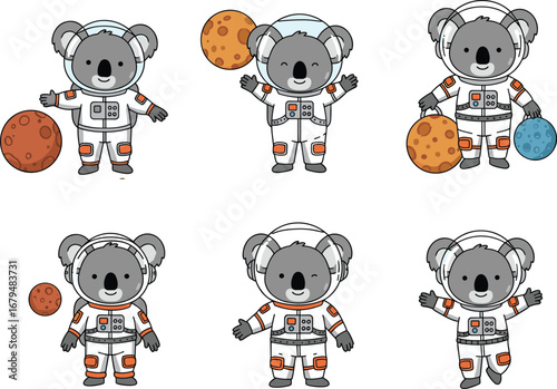 Adorable cartoon koala astronaut in white space suit holding colorful planets, cute cosmic animal explorer vector illustration for children design
