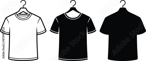 Three t shirts on hangers white black and silhouette style