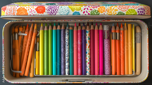 acercamiento de un estuche con colores organizados por tonos utiles escolares papeleria escolar vibrante para el regreso a clases 