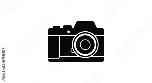 A black and white illustration of a digital camera