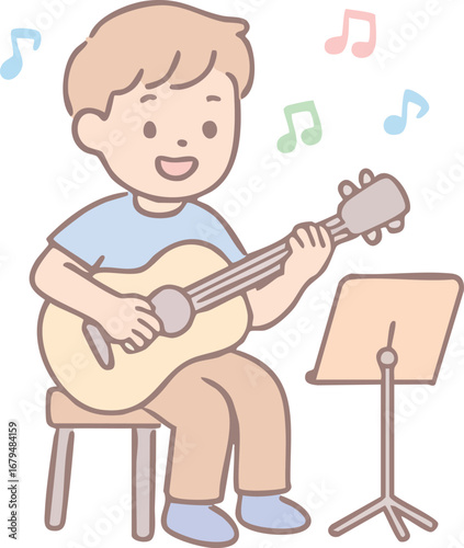 This illustration shows a happy boy sitting on a chair while playing the guitar with musical notes floating around and a music stand in front of him.