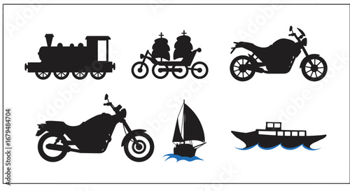Silhouettes of various vehicles and watercraft on white background