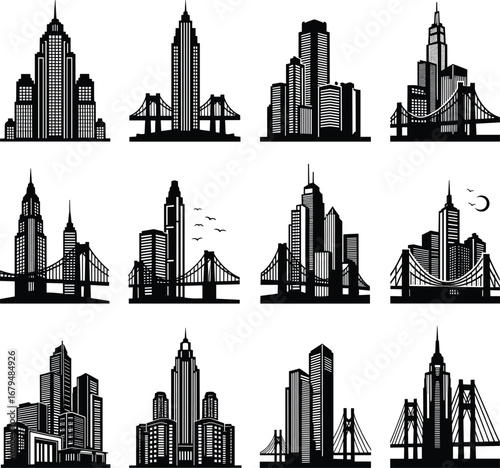 City skyline silhouette set, urban bridge vector illustration, modern architecture design, metropolitan buildings icon, black graphic, isolated artwork, construction landmark symbol