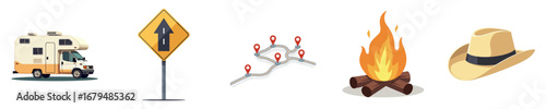 RV camping icons featuring road sign, map, campfire, and hat  