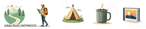 Camping and hiking elements in a colorful and modern style  