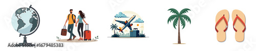 Travel icons including globe, couple, airplane, palm tree, and sandals  