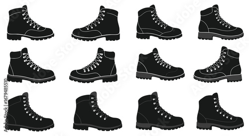 A collection of black work boots in various positions and angles