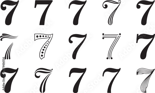 Elegant Number Seven Collection Artistic Numerals Set Decorative Font Typeface Symbols