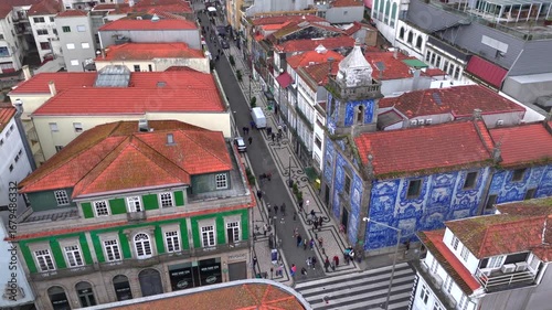 Chapel of souls, Capela das Almas de Santa Catarina Church, Aerial Shot of azulejos Tiles on the wall in Porto, Portugal