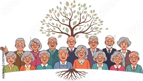 Illustration of a family tree with a diverse group of senior citizens.
