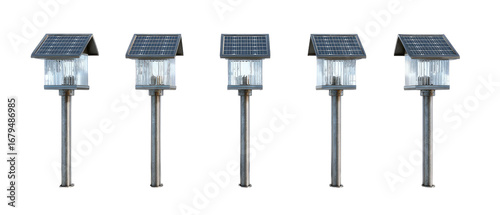 Five solar-powered outdoor light posts