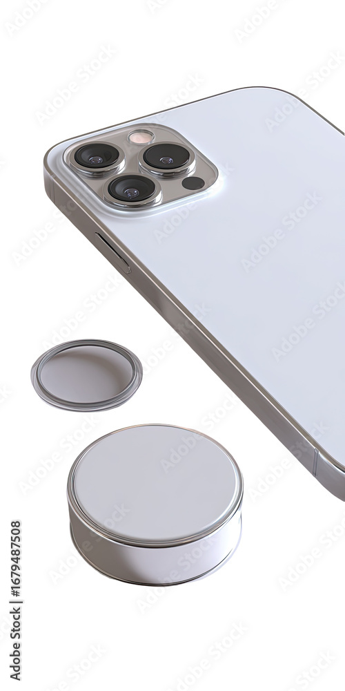 Fototapeta premium White smartphone with multiple camera lenses and protective circular caps