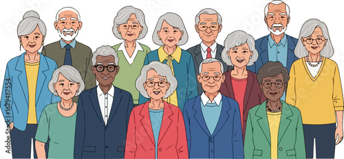 Illustration of a diverse group of senior citizens, all smiling and looking at the viewer.