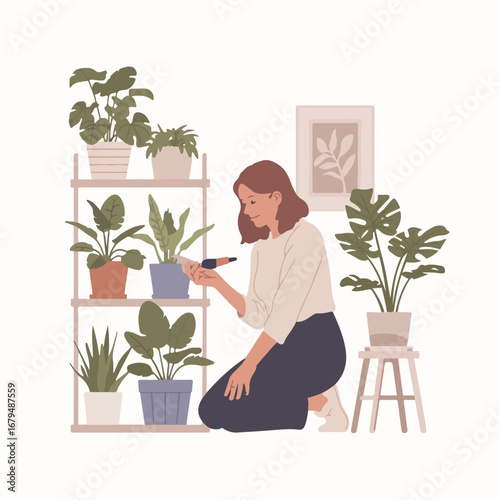 Woman watering plants at home, taking care of her indoor garden hobby