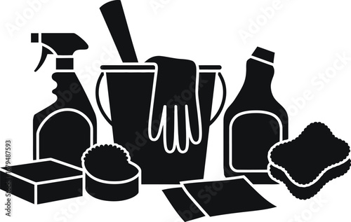 Collection of cleaning supplies including spray bottles sponges and gloves