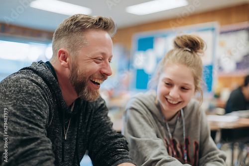 A Bearded Teacher and Teenage Student Sharing a Genuine, Hearty Laugh in a Classroom