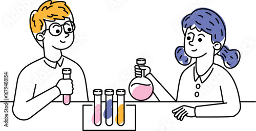 Cute pupils learning chemistry vector illustration