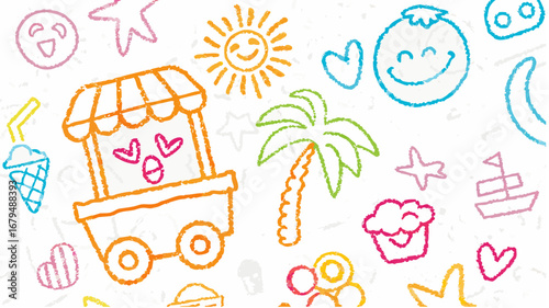 Hand drawn summer themed doodles featuring sun, palm tree, ice cream, and a food cart illustration silhouette
