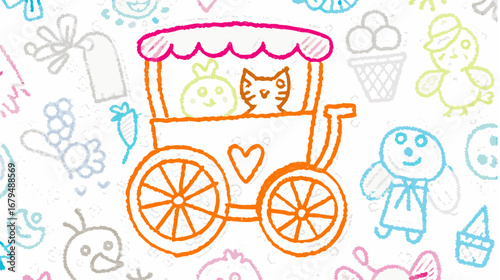 A whimsical drawing of a cart with a cat and chick surrounded by other sketched characters and objects silhouette