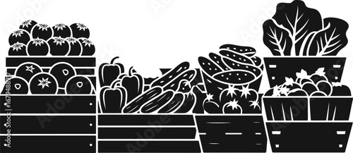 Black and white illustration of fresh produce in wooden crates at a market stall
