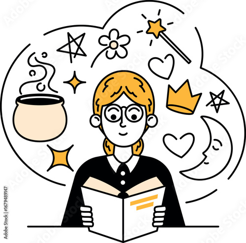 Schoolgirl doodle character studying vector illustration