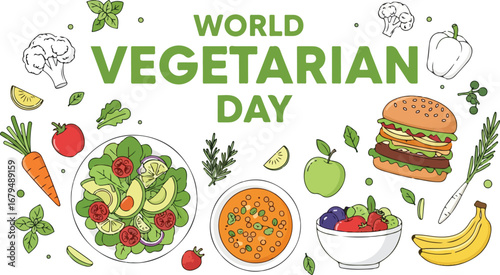 World Vegetarian Day illustration with a salad, burger, fruit bowl, soup, vegetables, and text on a white background.