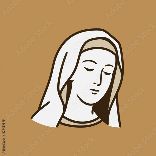 Classic Madonna Head Vector Line Art on Brown Background, Minimal Religious Virgin Mary Illustration, Christian Spiritual Icon for Prayer, Worship, and Sacred Catholic Designs