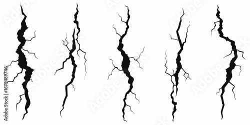 Collection of five black cracked lines on a white background representing damage and destruction